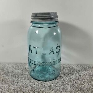 Vintage Atlas‎ Strong Shoulder Mason Jar Aqua Blue Glass Metal Lid